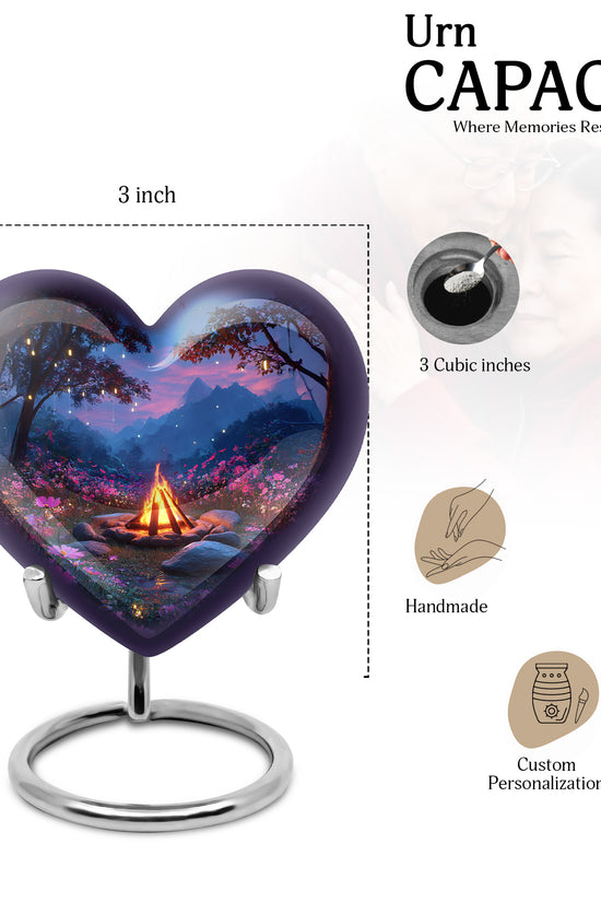 Vivid Blue Campfire Cremation Urn front view showing detailed design - romantic heart urn with campfire motif on aluminum - mini keepsake memorial for portion of cremation ashes
