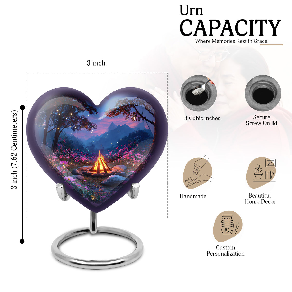 Vivid Blue Campfire Cremation Urn front view showing detailed design - romantic heart urn with campfire motif on aluminum - mini keepsake memorial for portion of cremation ashes