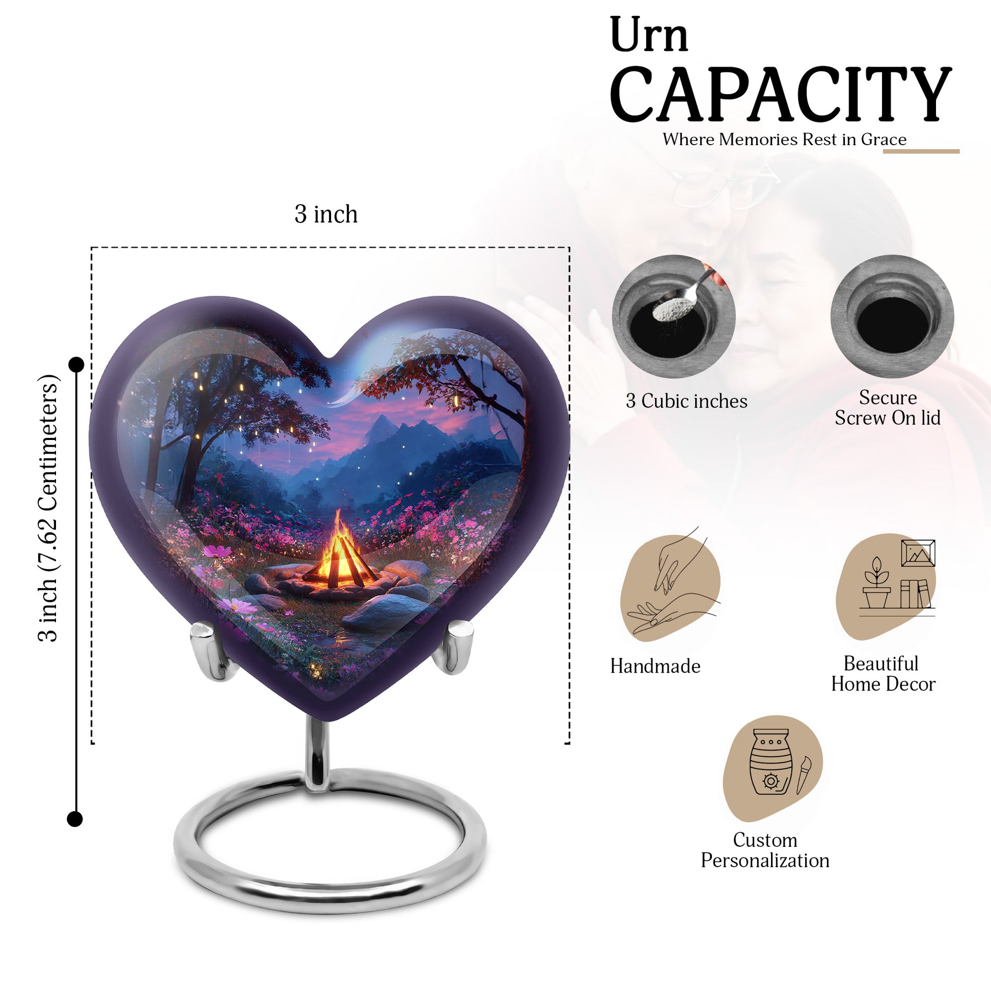 Vivid Blue Campfire Cremation Urn front view showing detailed design - romantic heart urn with campfire motif on aluminum - mini keepsake memorial for portion of cremation ashes