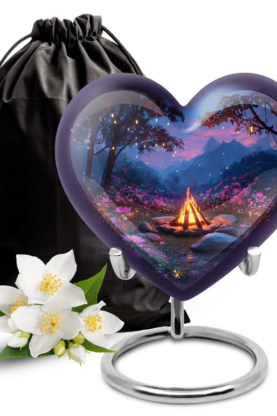 Serene Blue Campfire Cremation Urn detail view - compassionate heart-campfire combination with gentle curves - full-size 10 inch 200 cubic inch adult cremation urn