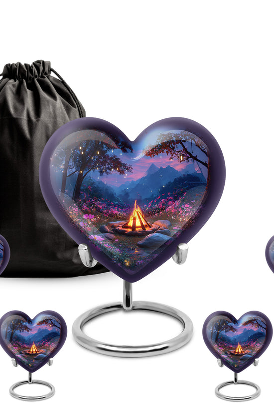 Soft Blue Campfire Cremation Urn close-up of engraving and surface detail - romantic heart urn with campfire motif on aluminum - memorial set with one large and four small urns