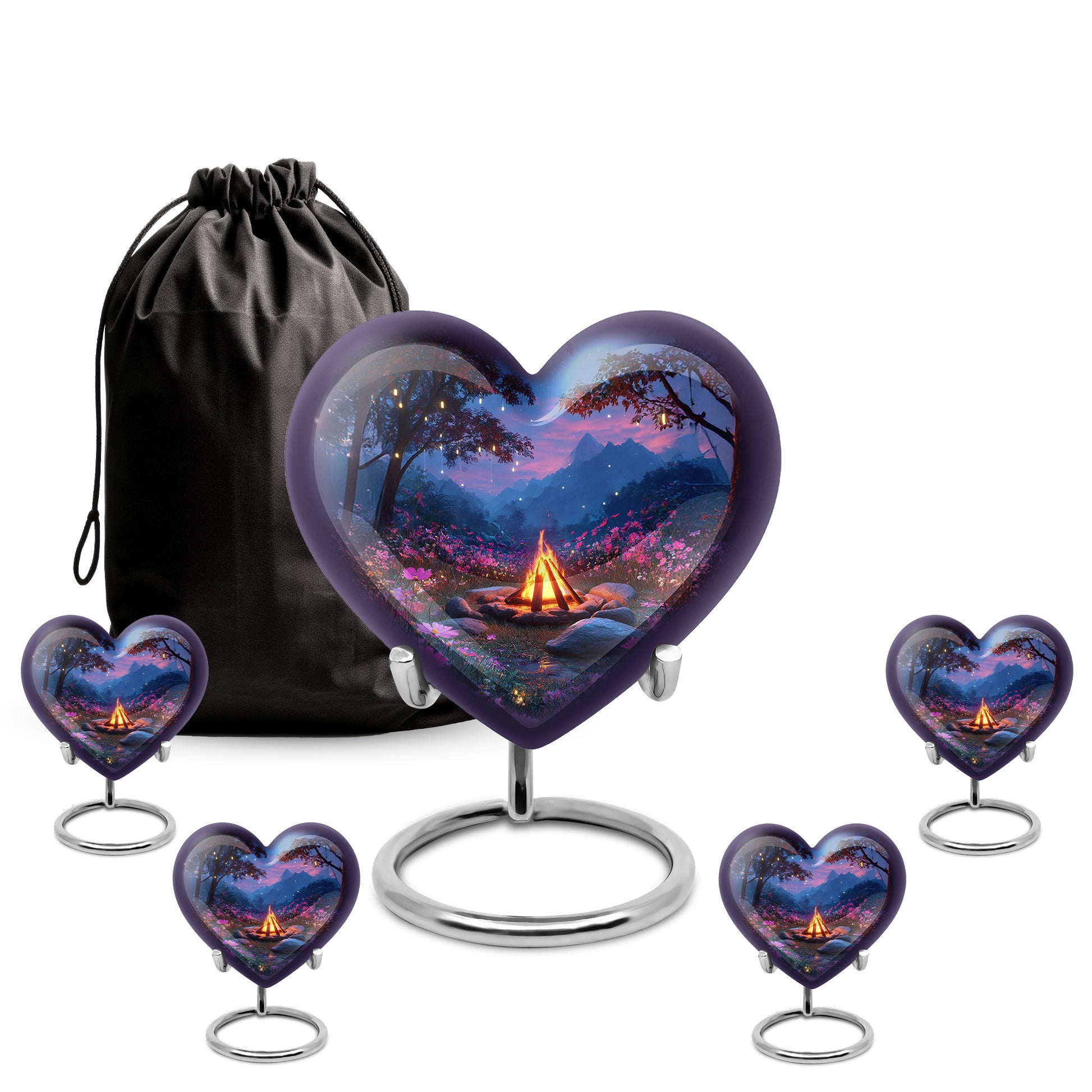 Soft Blue Campfire Cremation Urn close-up of engraving and surface detail - romantic heart urn with campfire motif on aluminum - memorial set with one large and four small urns