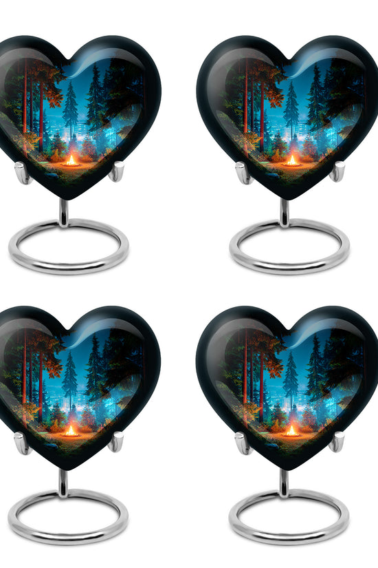 Ebony Campfire Cremation Urn angled view of lid and engraved motif - loving heart memorial featuring campfire pattern - 10 inch aluminum urn for cremated remains