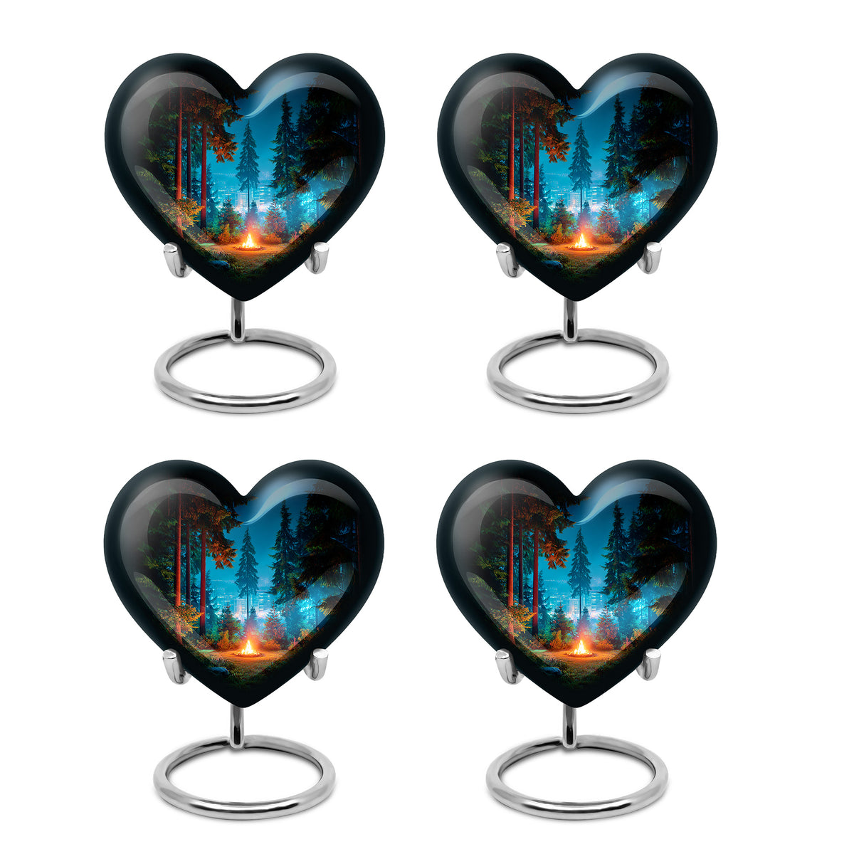 Ebony Campfire Cremation Urn angled view of lid and engraved motif - loving heart memorial featuring campfire pattern - 10 inch aluminum urn for cremated remains