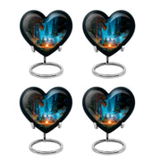 Ebony Campfire Cremation Urn angled view of lid and engraved motif - loving heart memorial featuring campfire pattern - 10 inch aluminum urn for cremated remains
