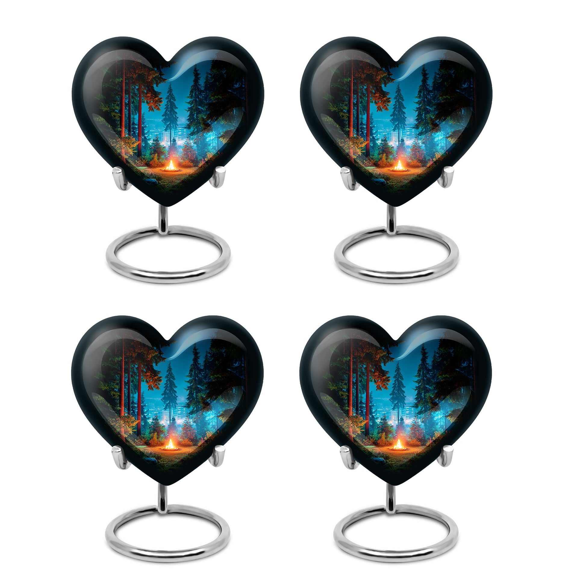 Ebony Campfire Cremation Urn angled view of lid and engraved motif - loving heart memorial featuring campfire pattern - 10 inch aluminum urn for cremated remains