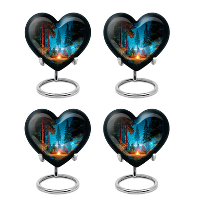 Ebony Campfire Cremation Urn angled view of lid and engraved motif - loving heart memorial featuring campfire pattern - 10 inch aluminum urn for cremated remains