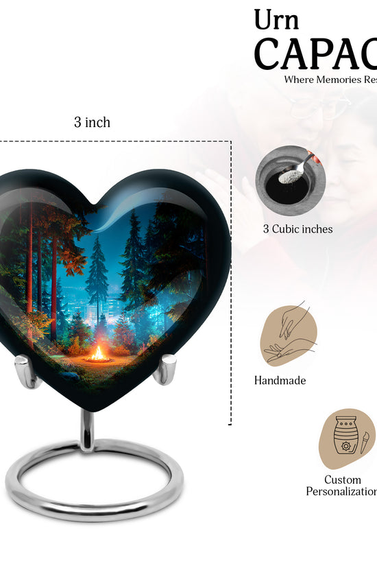 Ebony Campfire Cremation Urn front view showing detailed design - heart-shaped campfire design symbolizing eternal love - mini keepsake memorial for portion of cremation ashes