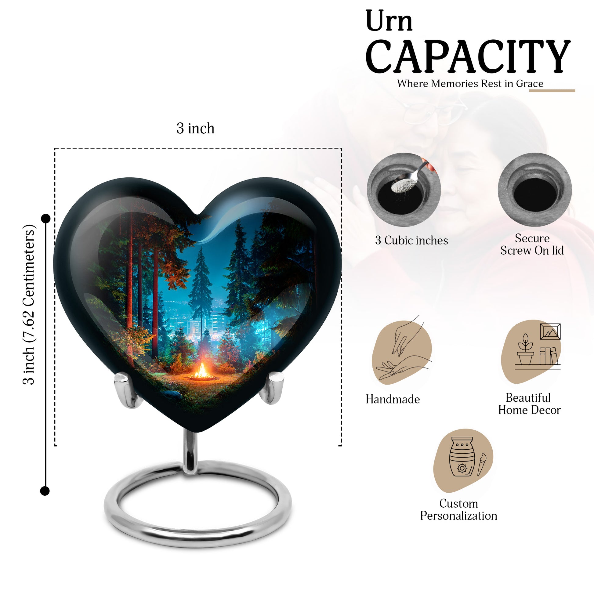 Ebony Campfire Cremation Urn front view showing detailed design - heart-shaped campfire design symbolizing eternal love - mini keepsake memorial for portion of cremation ashes
