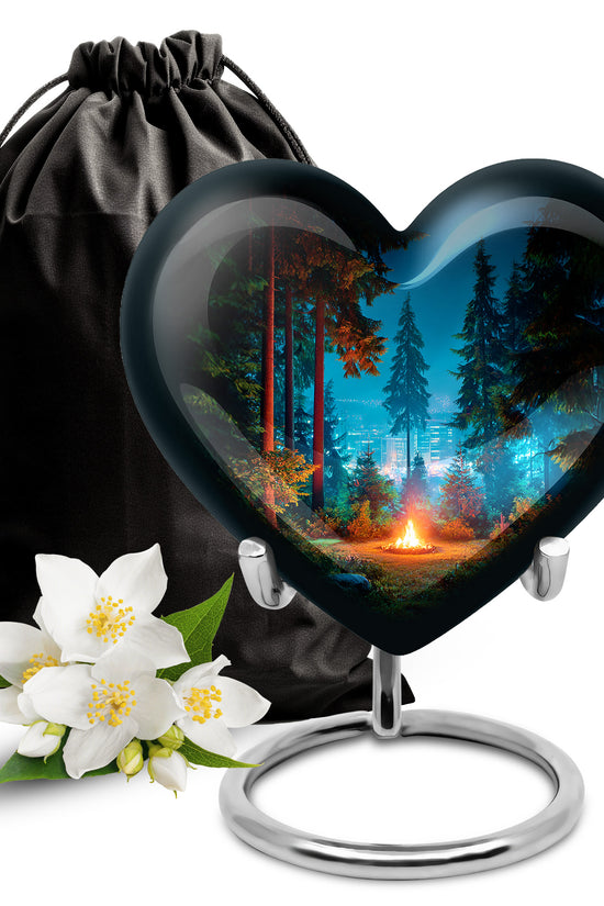 Jet Black Campfire Cremation Urn detail view - heart-shaped campfire design symbolizing eternal love - full-size 10 inch 200 cubic inch adult cremation urn