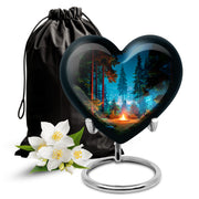 Jet Black Campfire Cremation Urn detail view - heart-shaped campfire design symbolizing eternal love - full-size 10 inch 200 cubic inch adult cremation urn