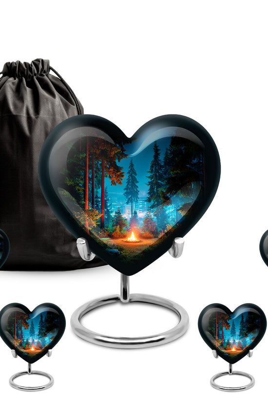 Dark Black Campfire Cremation Urn close-up of engraving and surface detail - compassionate heart-campfire combination with gentle curves - memorial set with one large and four small urns