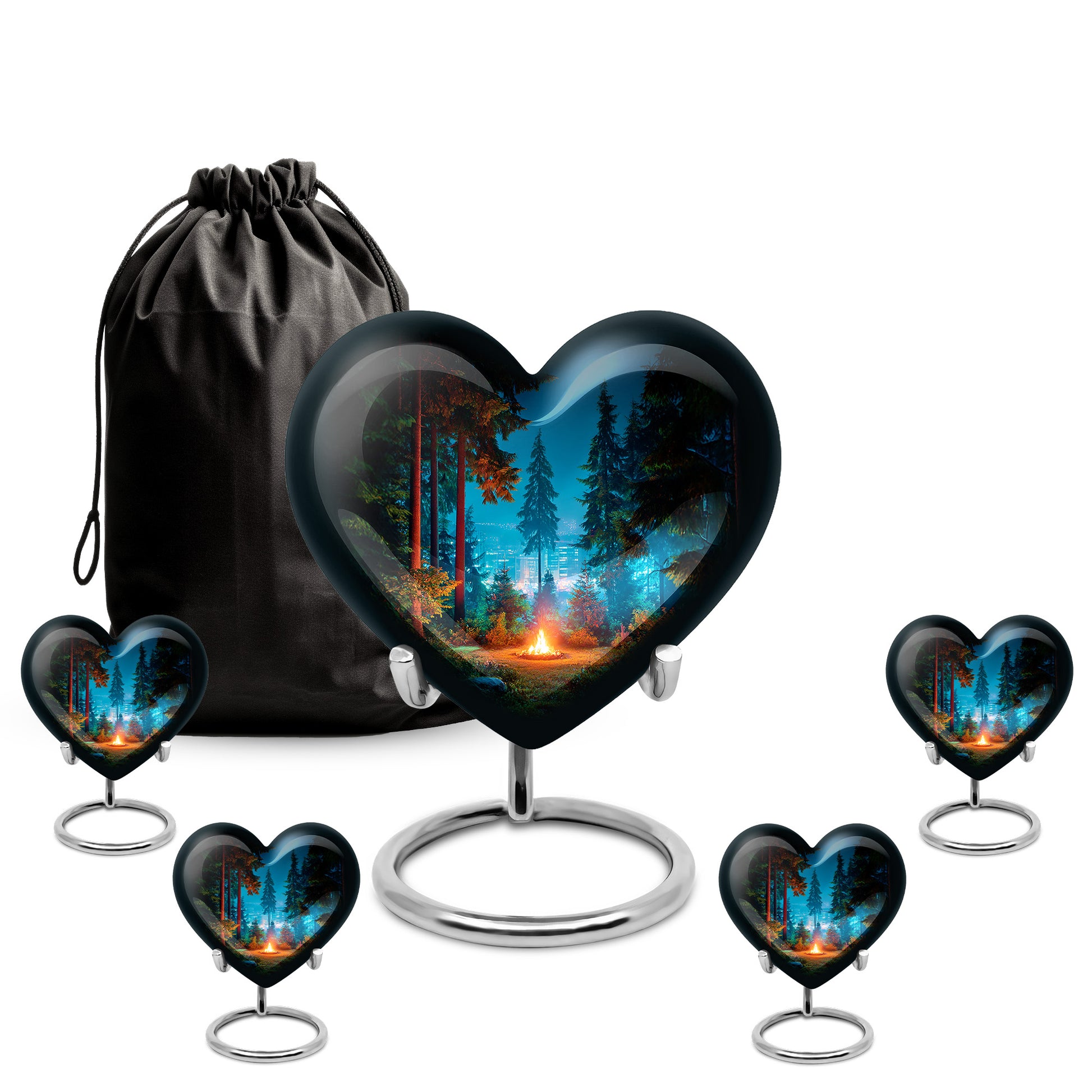 Dark Black Campfire Cremation Urn close-up of engraving and surface detail - compassionate heart-campfire combination with gentle curves - memorial set with one large and four small urns