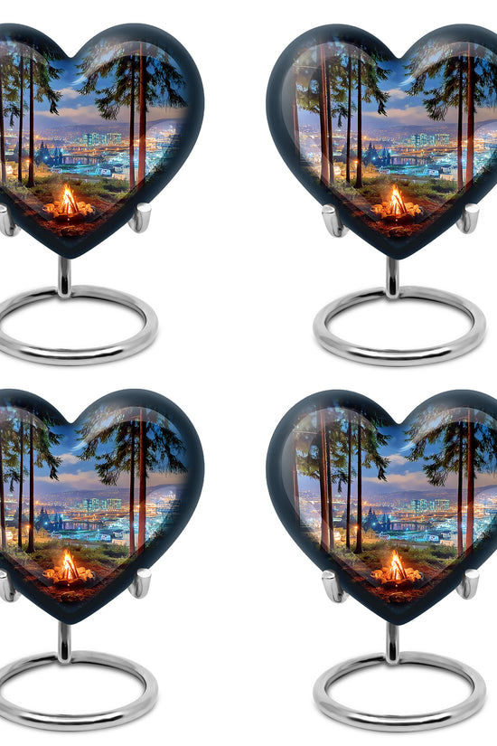Misty Blue Campfire Cremation Urn angled view of lid and engraved motif - loving heart memorial featuring campfire pattern - 10 inch aluminum urn for cremated remains