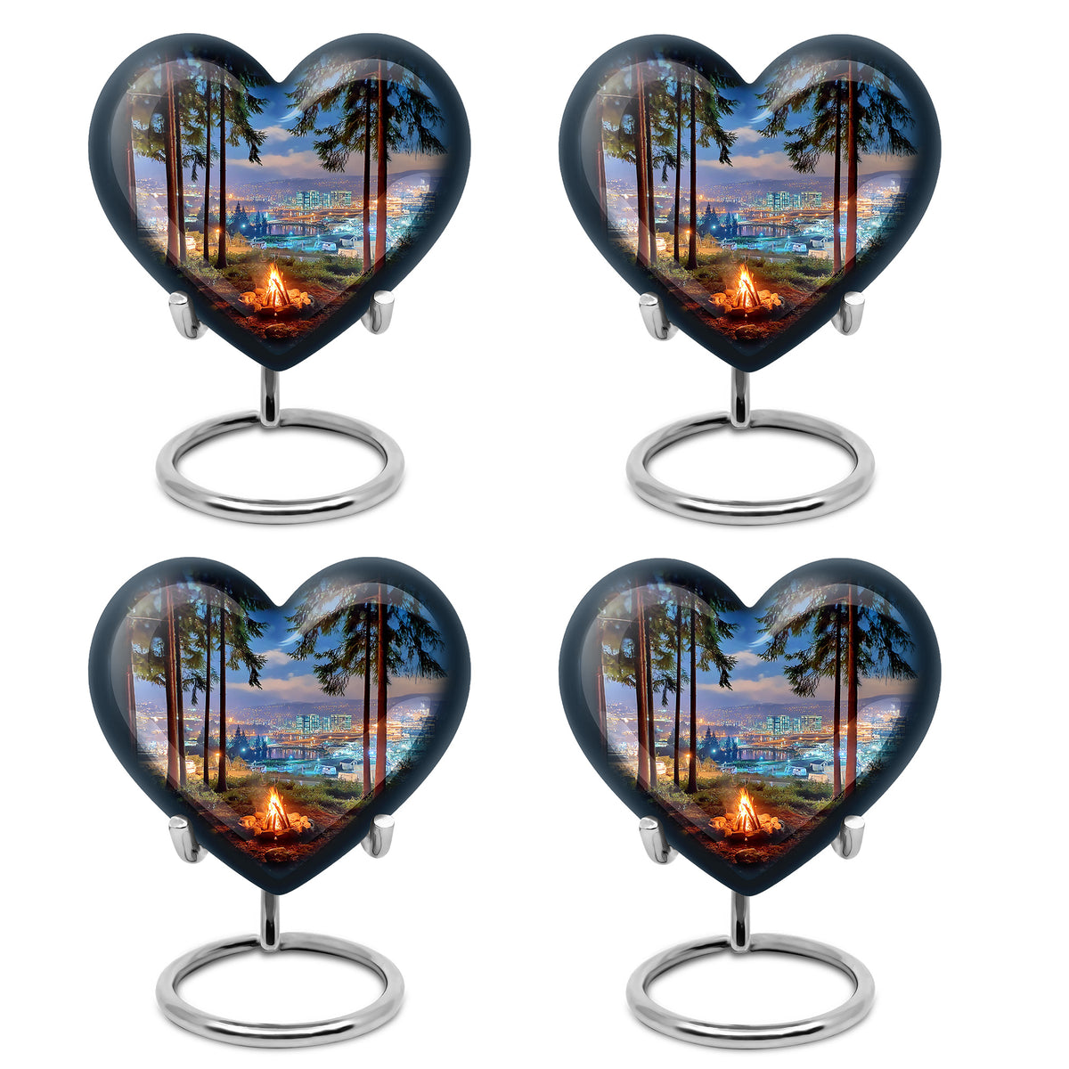 Misty Blue Campfire Cremation Urn angled view of lid and engraved motif - loving heart memorial featuring campfire pattern - 10 inch aluminum urn for cremated remains