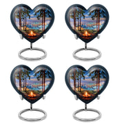Misty Blue Campfire Cremation Urn angled view of lid and engraved motif - loving heart memorial featuring campfire pattern - 10 inch aluminum urn for cremated remains