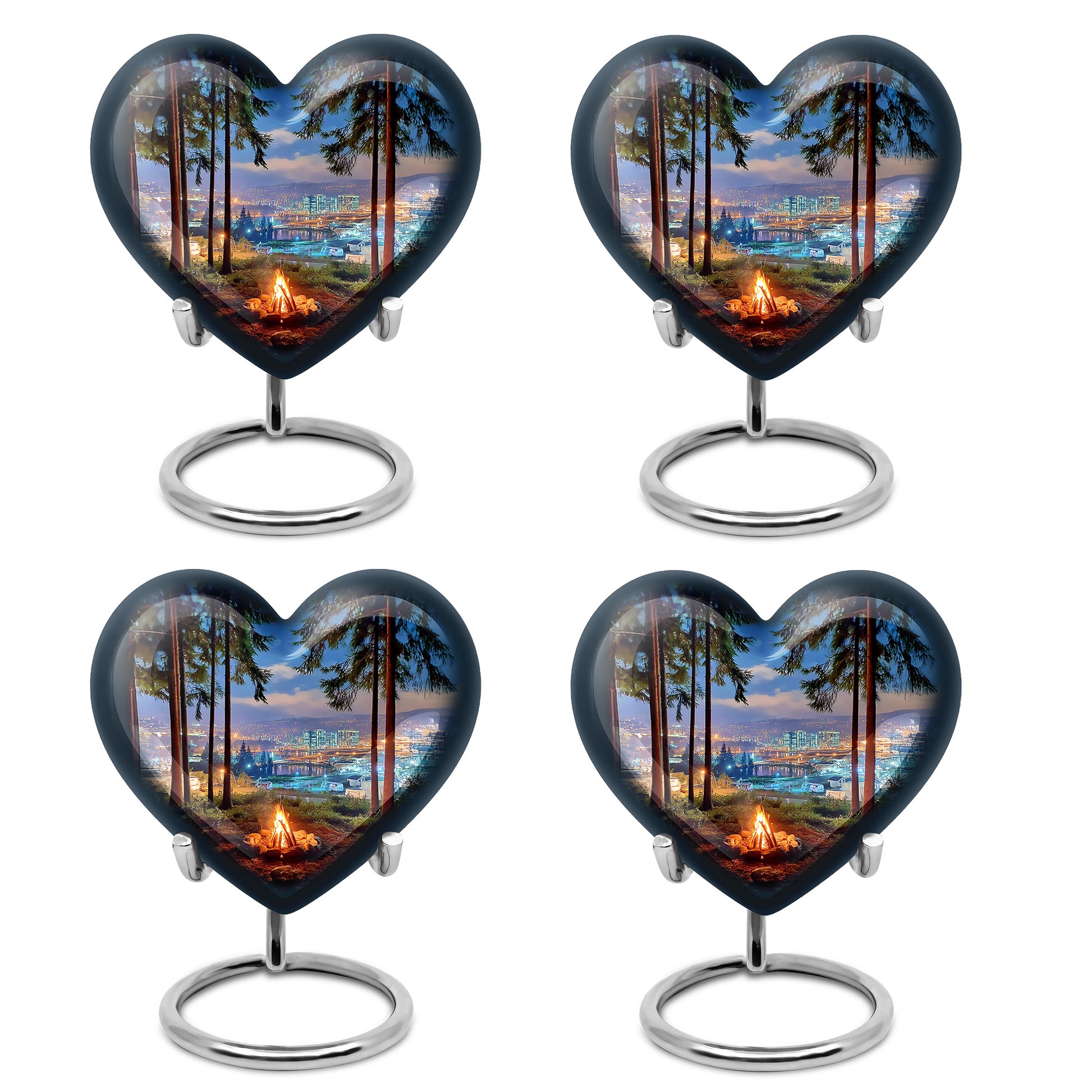 Misty Blue Campfire Cremation Urn angled view of lid and engraved motif - loving heart memorial featuring campfire pattern - 10 inch aluminum urn for cremated remains