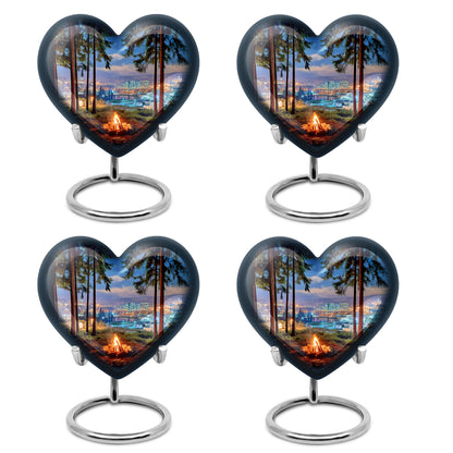 Misty Blue Campfire Cremation Urn angled view of lid and engraved motif - loving heart memorial featuring campfire pattern - 10 inch aluminum urn for cremated remains