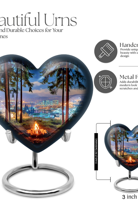Misty Blue Campfire Cremation Urn front view showing detailed design - heart-shaped campfire design symbolizing eternal love - mini keepsake memorial for portion of cremation ashes