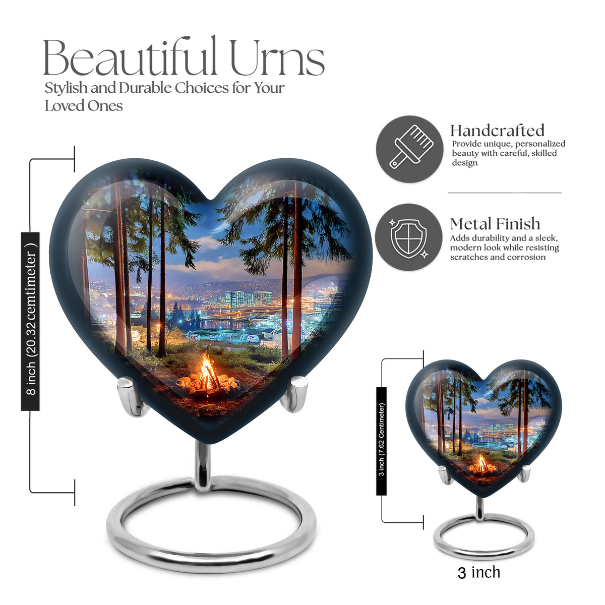 Misty Blue Campfire Cremation Urn front view showing detailed design - heart-shaped campfire design symbolizing eternal love - mini keepsake memorial for portion of cremation ashes