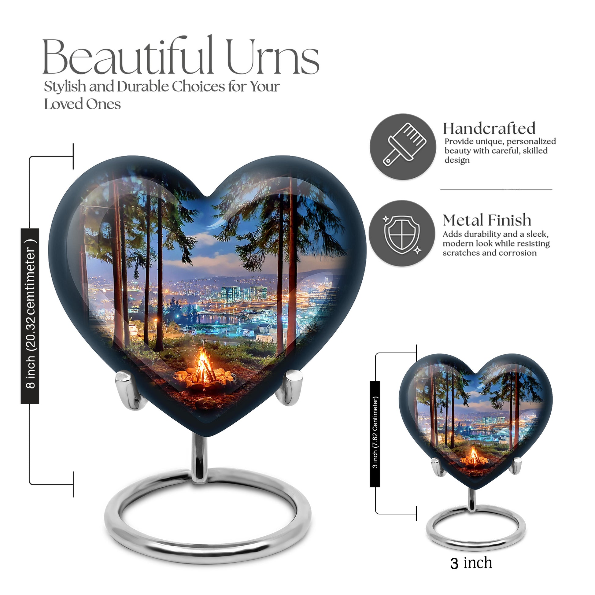 Misty Blue Campfire Cremation Urn front view showing detailed design - heart-shaped campfire design symbolizing eternal love - mini keepsake memorial for portion of cremation ashes
