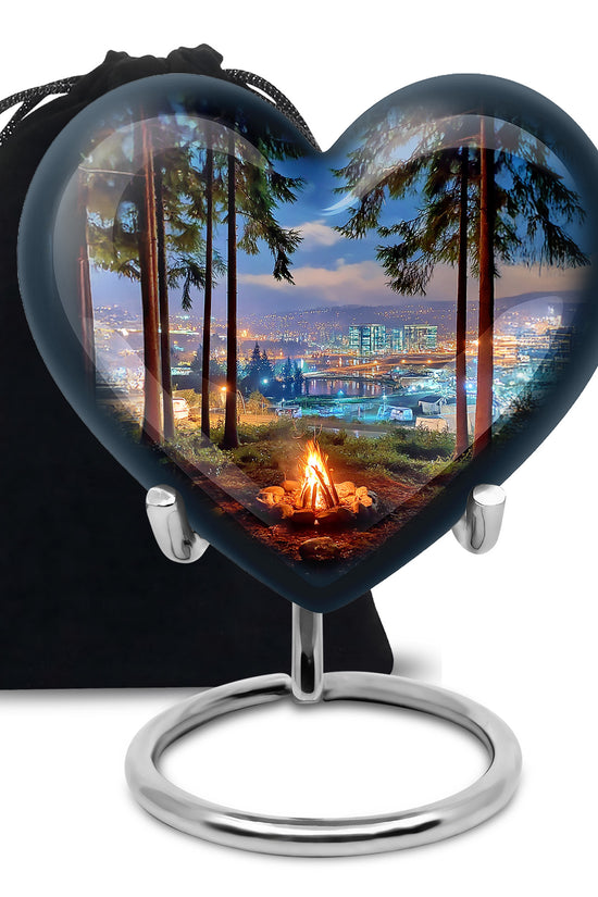 Royal Blue Campfire Cremation Urn detail view - compassionate heart-campfire combination with gentle curves - full-size 10 inch 200 cubic inch adult cremation urn