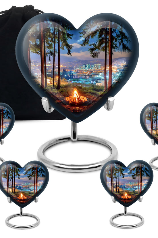 Royal Blue Campfire Cremation Urn close-up of engraving and surface detail - compassionate heart-campfire combination with gentle curves - memorial set with one large and four small urns