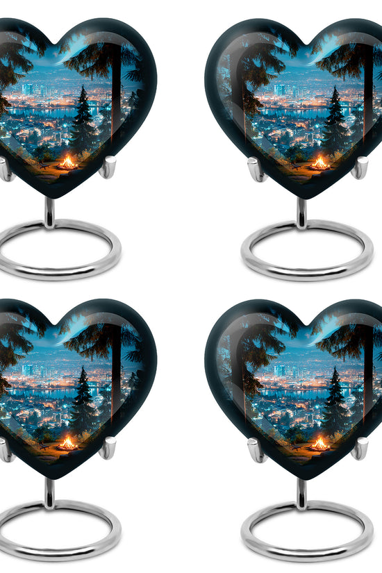 Serene Blue Campfire Cremation Urn angled view of lid and engraved motif - romantic heart urn with campfire motif on aluminum - 10 inch aluminum urn for cremated remains