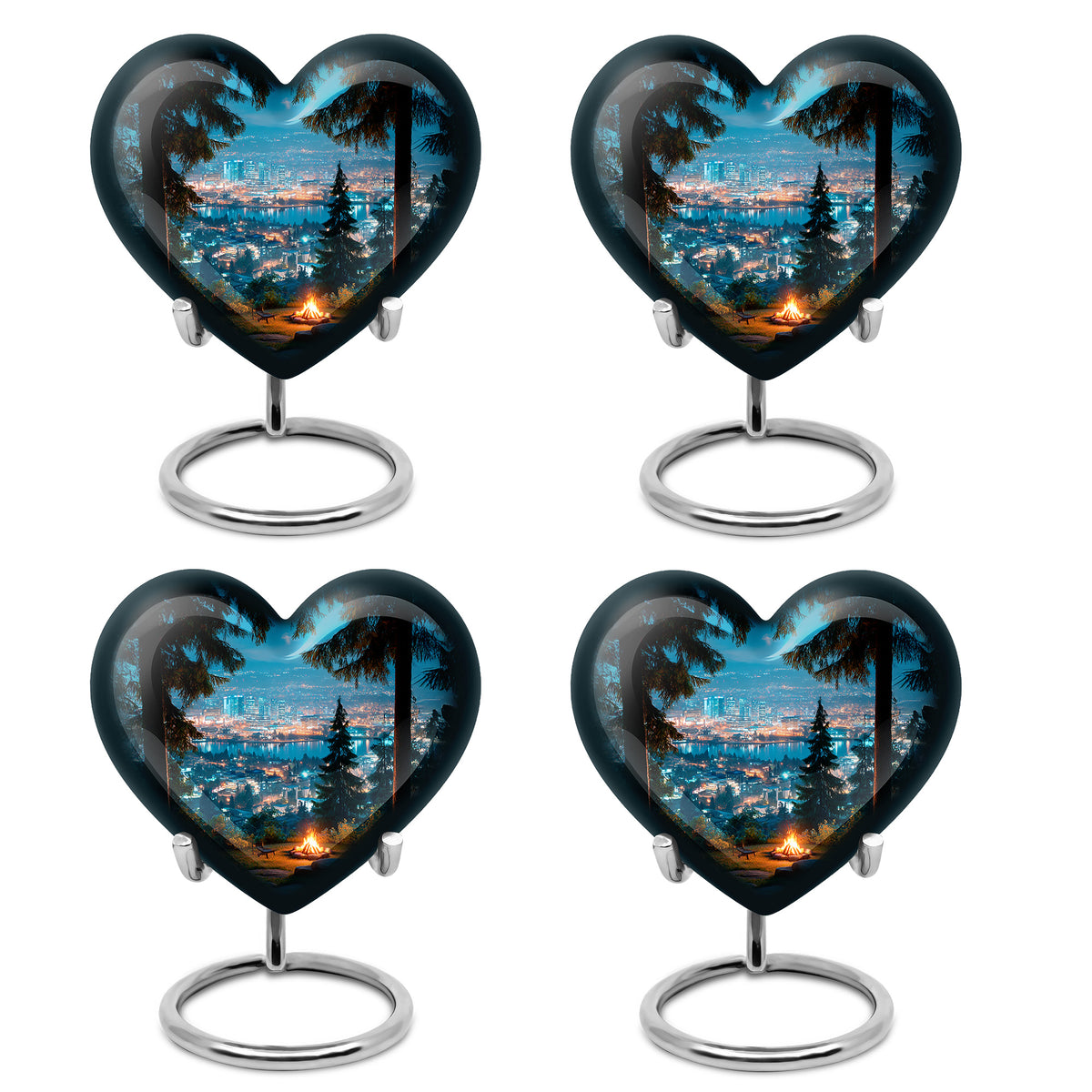 Serene Blue Campfire Cremation Urn angled view of lid and engraved motif - romantic heart urn with campfire motif on aluminum - 10 inch aluminum urn for cremated remains