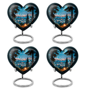 Serene Blue Campfire Cremation Urn angled view of lid and engraved motif - romantic heart urn with campfire motif on aluminum - 10 inch aluminum urn for cremated remains