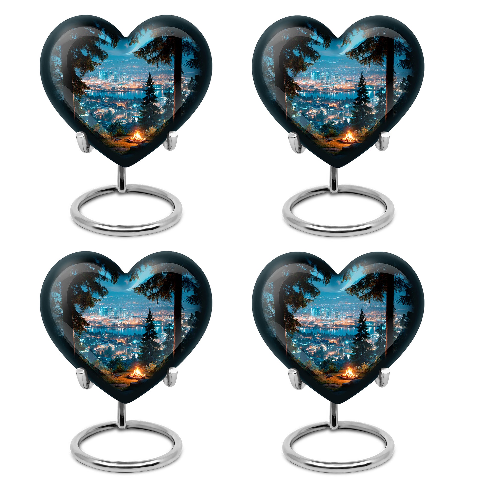 Serene Blue Campfire Cremation Urn angled view of lid and engraved motif - romantic heart urn with campfire motif on aluminum - 10 inch aluminum urn for cremated remains