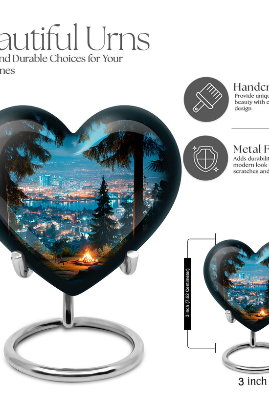 Powder Blue Campfire Cremation Urn front view showing detailed design - loving heart memorial featuring campfire pattern - mini keepsake memorial for portion of cremation ashes