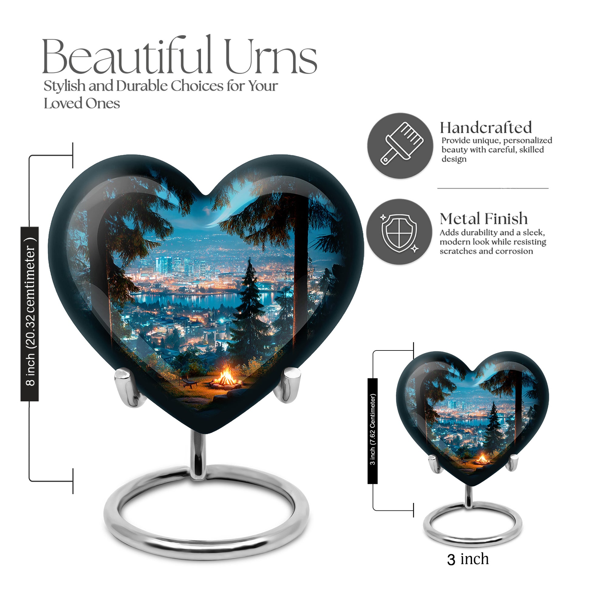 Powder Blue Campfire Cremation Urn front view showing detailed design - loving heart memorial featuring campfire pattern - mini keepsake memorial for portion of cremation ashes