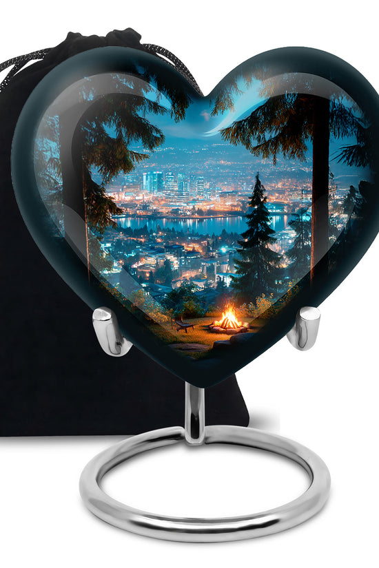Royal Blue Campfire Cremation Urn detail view - compassionate heart-campfire combination with gentle curves - full-size 10 inch 200 cubic inch adult cremation urn