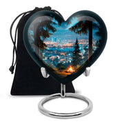 Royal Blue Campfire Cremation Urn detail view - compassionate heart-campfire combination with gentle curves - full-size 10 inch 200 cubic inch adult cremation urn