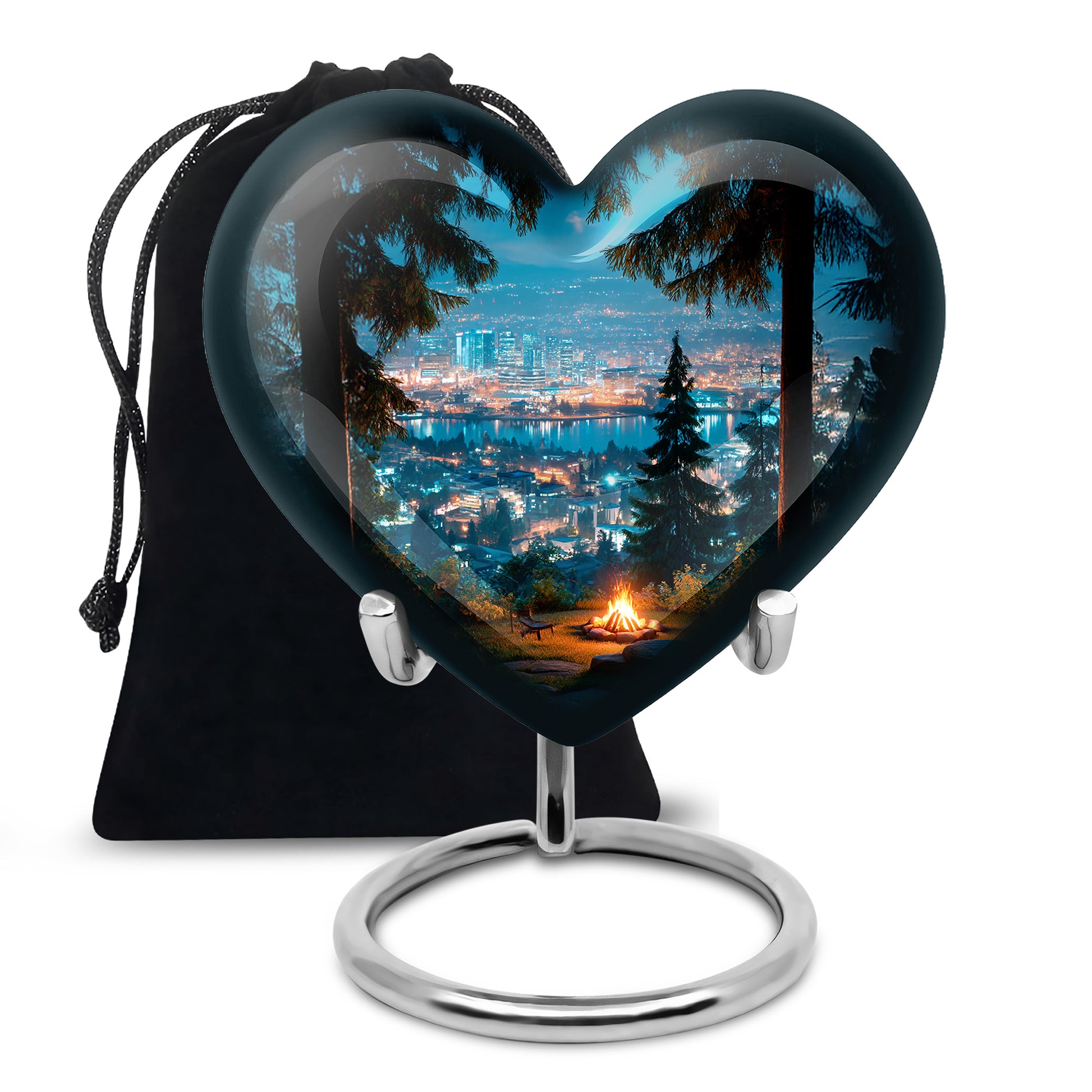 Royal Blue Campfire Cremation Urn detail view - compassionate heart-campfire combination with gentle curves - full-size 10 inch 200 cubic inch adult cremation urn