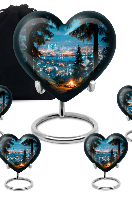 Soft Blue Campfire Cremation Urn close-up of engraving and surface detail - romantic heart urn with campfire motif on aluminum - memorial set with one large and four small urns