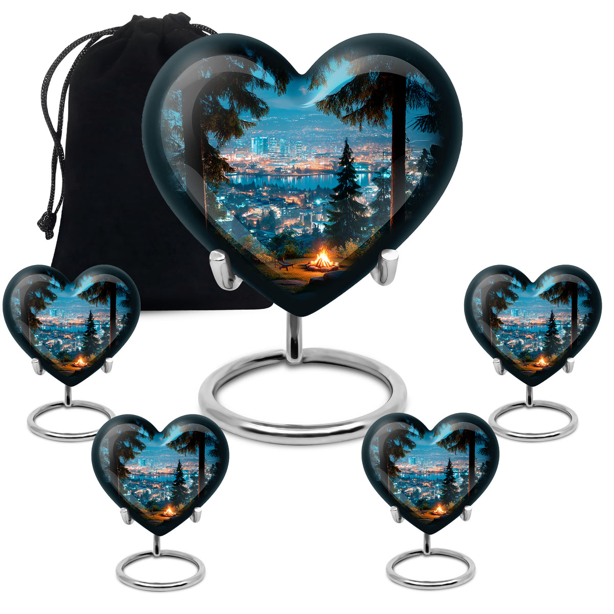 Soft Blue Campfire Cremation Urn close-up of engraving and surface detail - romantic heart urn with campfire motif on aluminum - memorial set with one large and four small urns