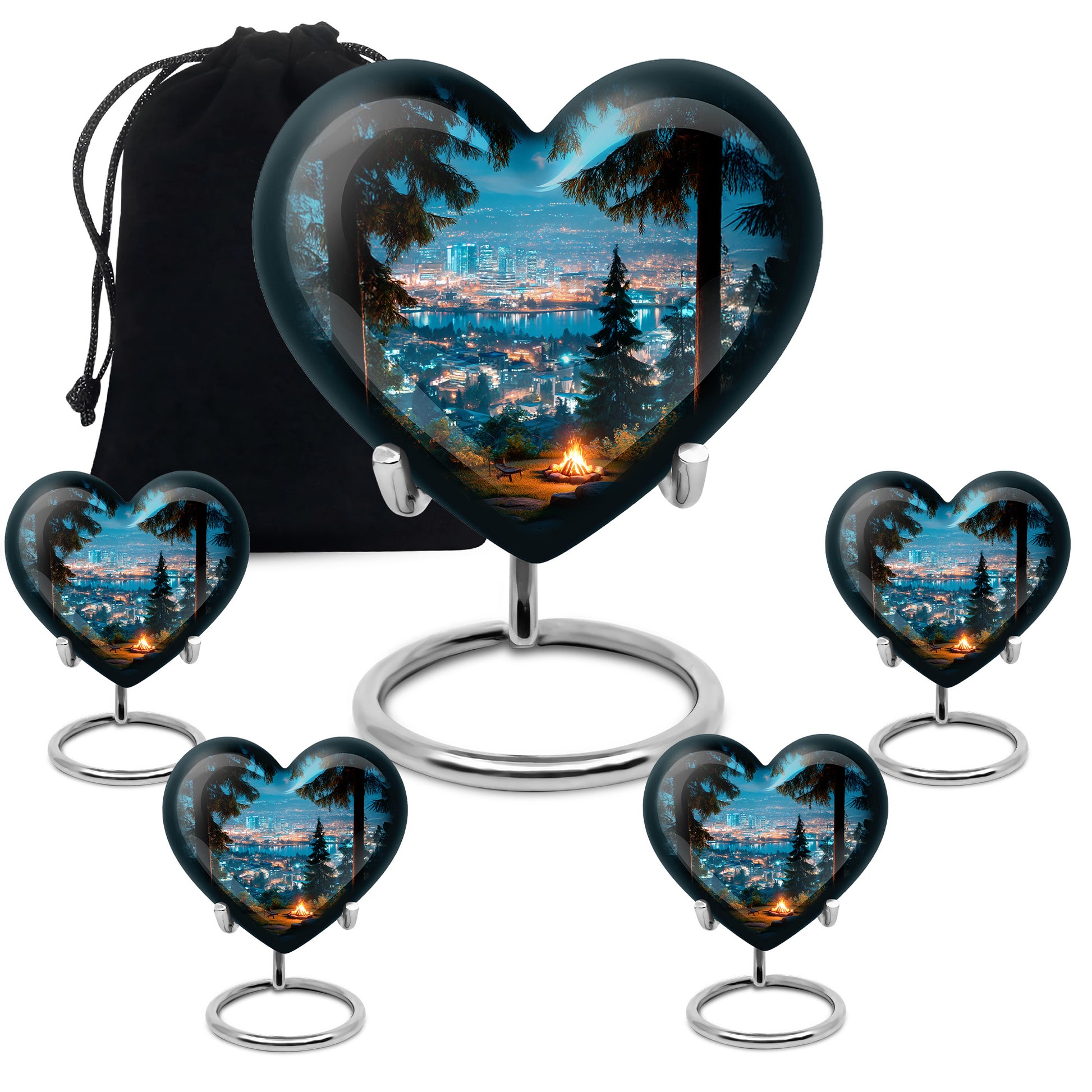 Soft Blue Campfire Cremation Urn close-up of engraving and surface detail - romantic heart urn with campfire motif on aluminum - memorial set with one large and four small urns