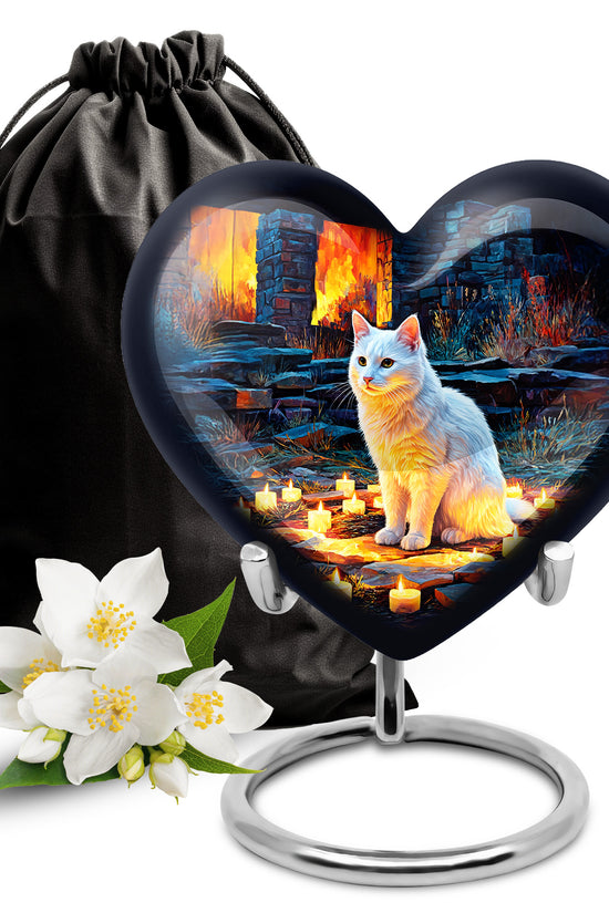 White Cat Cremation Urn - Black Aluminium Funeral Urn For Pet Ashes