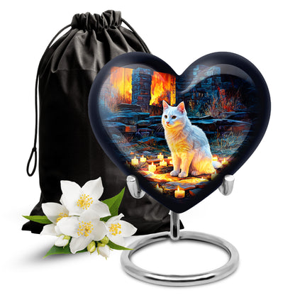 White Cat Cremation Urn - Black Aluminium Funeral Urn For Pet Ashes