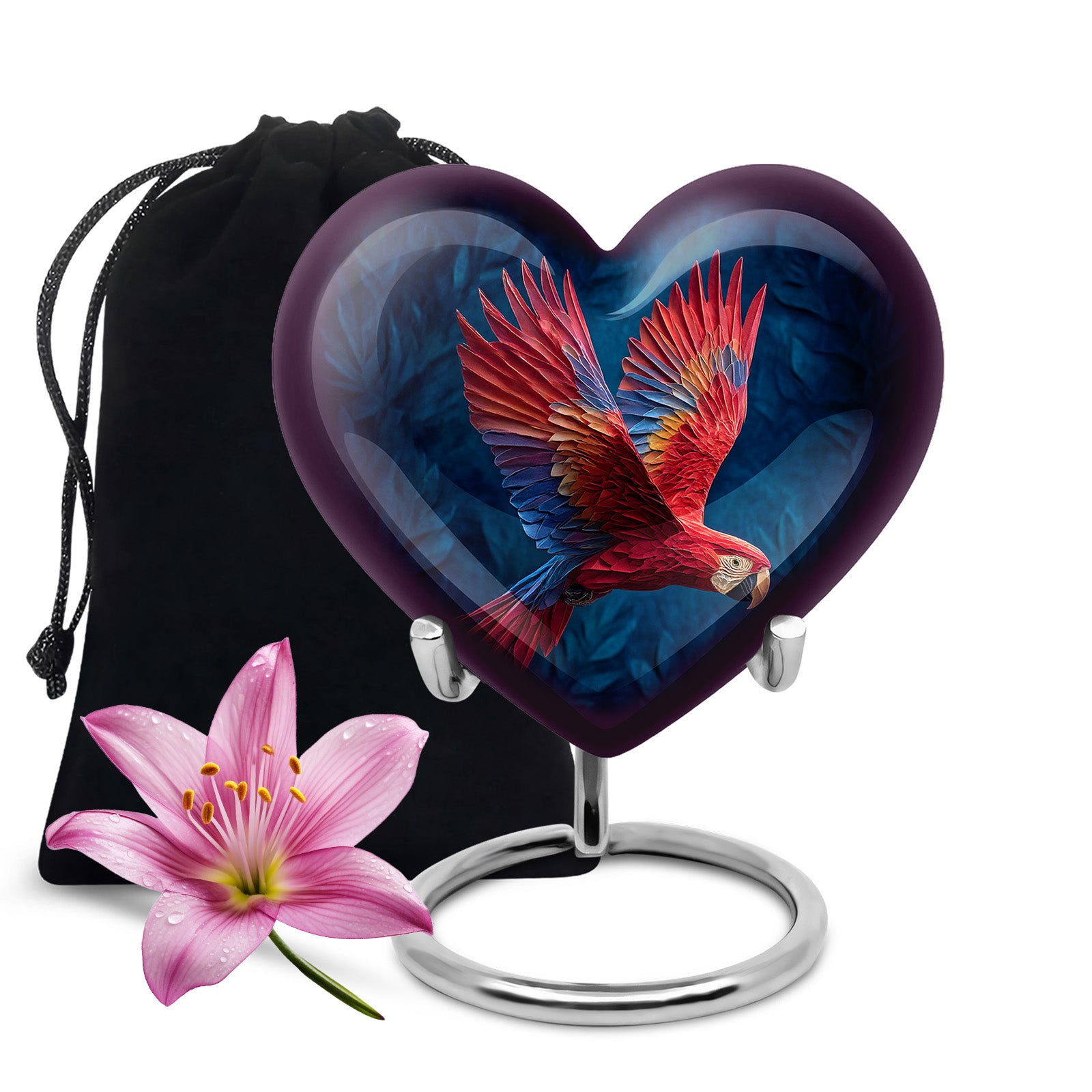 Red Parrot Memorial Urn - Beautiful Aluminium Funeral Urn For Ashes