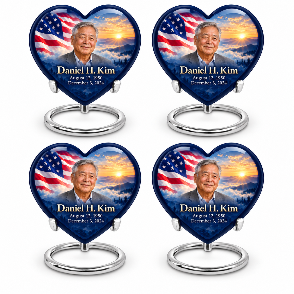 Personalized American flag Heart urn, 4 Keepsake 3 inch Urns; sample portrait and memorial text