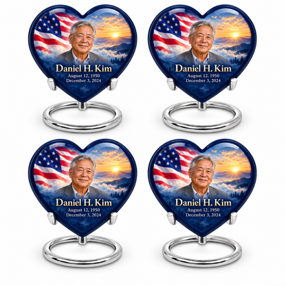 Personalized American flag Heart urn, 4 Keepsake 3 inch Urns; sample portrait and memorial text