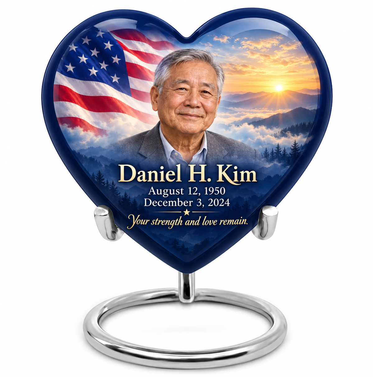 Personalized American flag Heart urn, 10 inch large Urn; sample portrait and memorial text