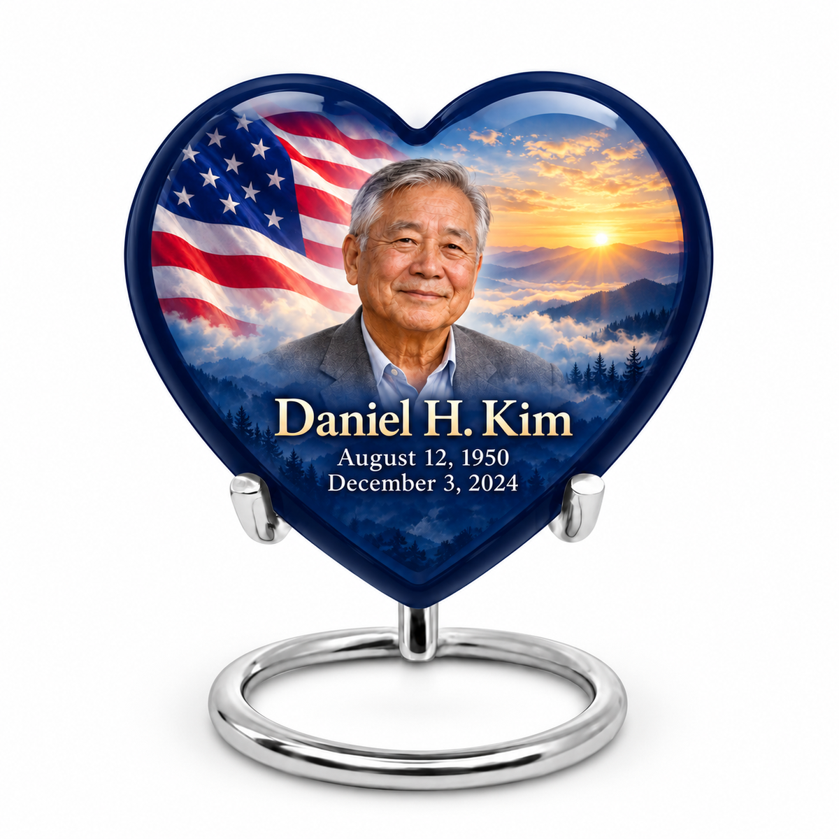 Personalized American flag Heart urn, 1 Keepsake 3 inch Urn; sample portrait and memorial text