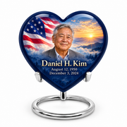 Personalized American flag Heart urn, 1 Keepsake 3 inch Urn; sample portrait and memorial text