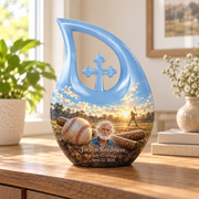 Cross Drop baseball memorial urn in a natural home setting.