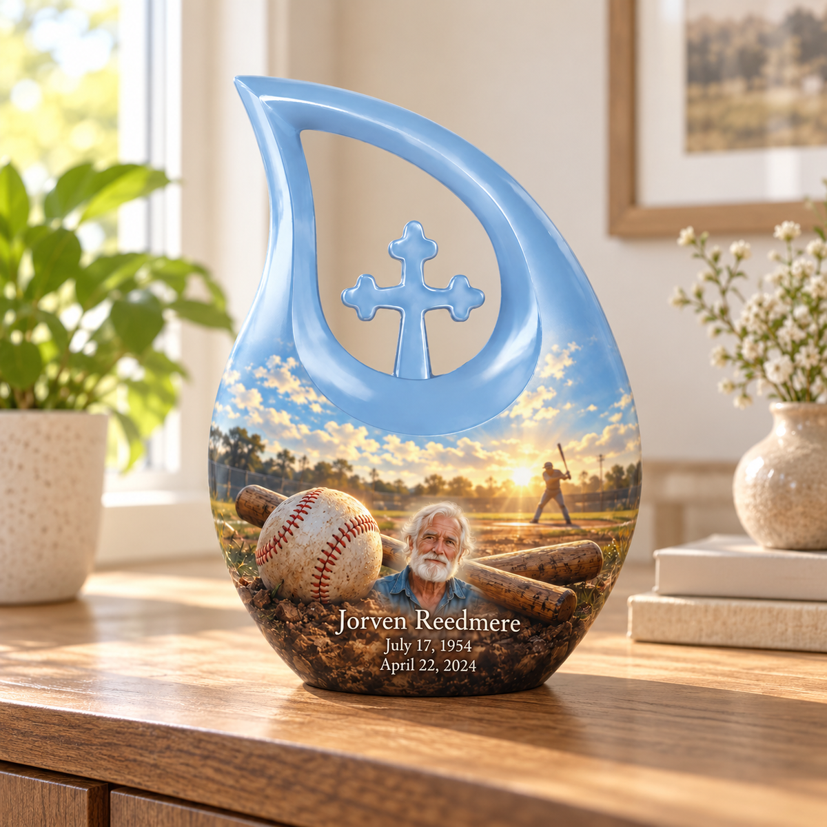 Cross Drop baseball memorial urn in a natural home setting.