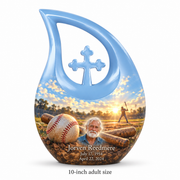 Cross Drop baseball memorial urn with the source-listed 10-inch large size.
